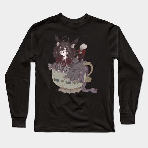 Gothic cat girl in a teacup Long Sleeve T-Shirt by Pinkupyon 